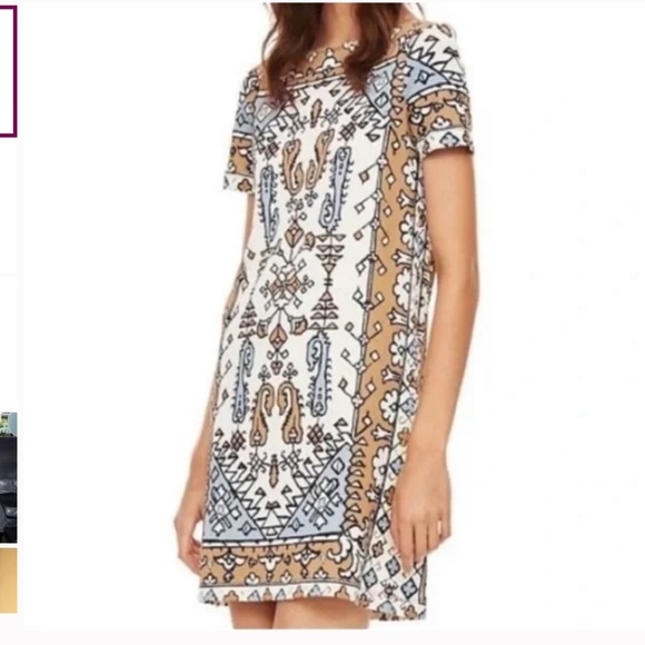 TORY BURCH Pima Cotton Bohemian Ikat Dress Wheat Lisbon Size S Blue White - Picture 1 of 8